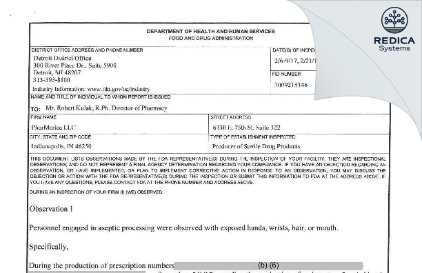 FDA 483 - pharMerica [Indianapolis / United States of America] - Download PDF - Redica Systems