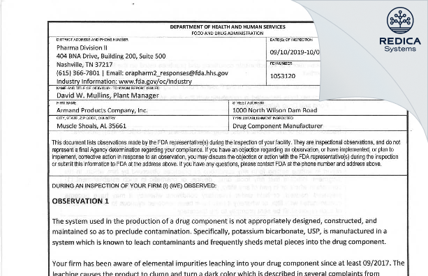 FDA 483 - Armand Products Company [Muscle Shoals / United States of America] - Download PDF - Redica Systems