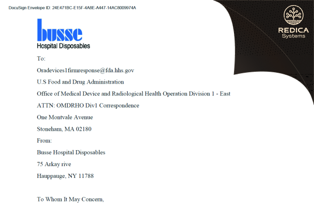 FDA 483 Response - Busse Hospital Disposables, Inc. [Hauppauge / United States of America] - Download PDF - Redica Systems