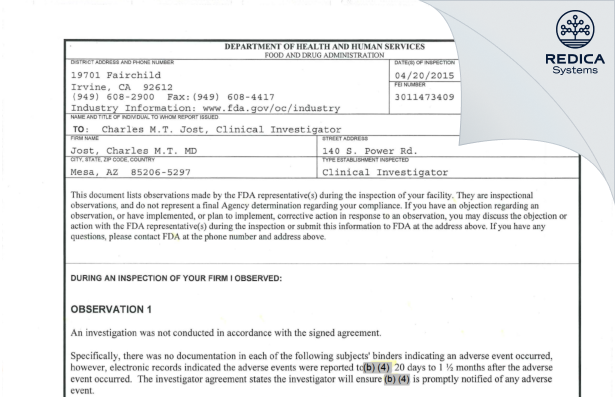 FDA 483 - Jost, Charles MD [Mesa / United States of America] - Download PDF - Redica Systems