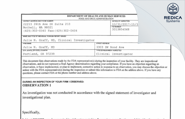 FDA 483 - Julie N. Graff, MD [Portland / United States of America] - Download PDF - Redica Systems
