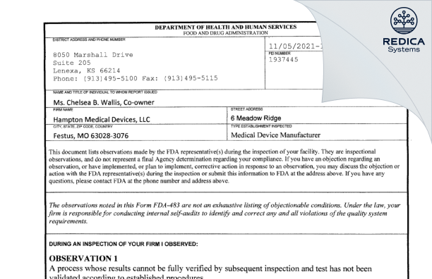 FDA 483 - Hampton Medical Devices, LLC [Festus / United States of America] - Download PDF - Redica Systems