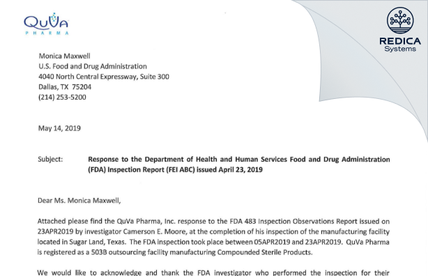 FDA 483 Response - QuVa Pharma, Inc. [Sugar Land / United States of America] - Download PDF - Redica Systems