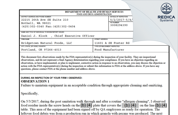 FDA 483 - Bridgetown Natural Foods, LLC [Portland / United States of America] - Download PDF - Redica Systems