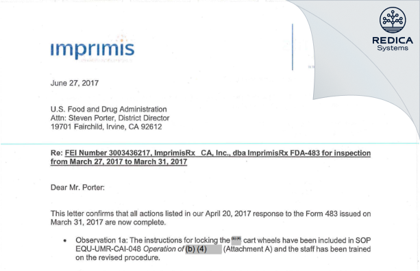 FDA 483 Response - ImprimisRx CA, Inc., dba ImprimisRx [Irvine / United States of America] - Download PDF - Redica Systems