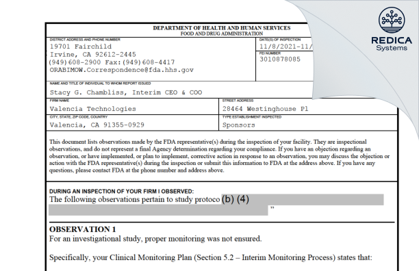 FDA 483 - Valencia Technologies [Valencia / United States of America] - Download PDF - Redica Systems