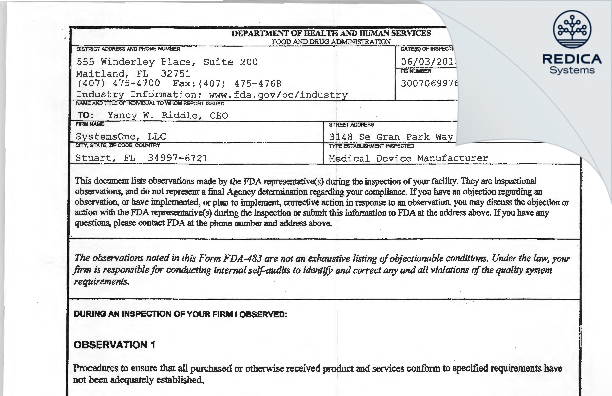 FDA 483 - SystemsOne, LLC [Stuart / United States of America] - Download PDF - Redica Systems