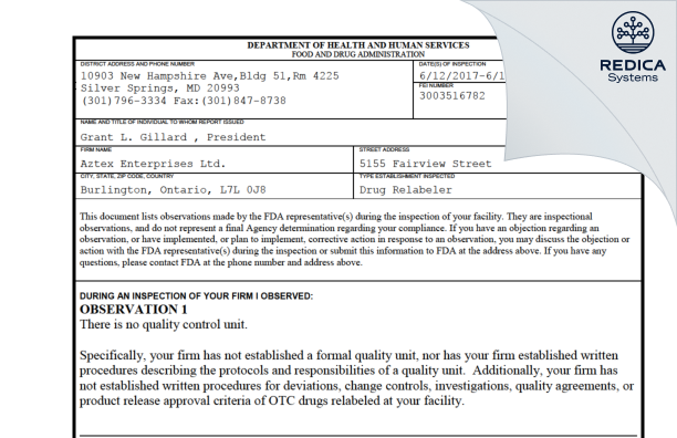FDA 483 - Aztex Enterprises Ltd. [Burlington / Canada] - Download PDF - Redica Systems