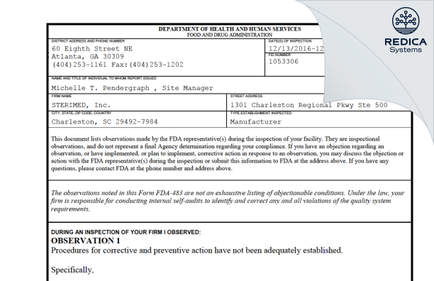 FDA 483 - STERIMED, Inc. [Charleston / United States of America] - Download PDF - Redica Systems