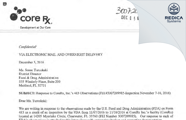 FDA 483 Response - CORERX, INC. [Florida / United States of America] - Download PDF - Redica Systems