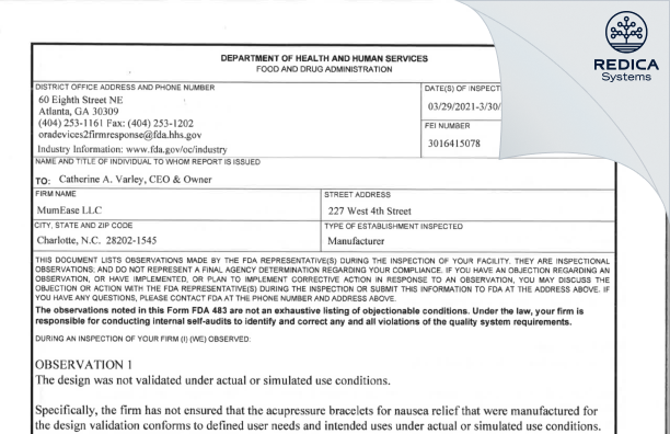 FDA 483 - MUMEASE LLC [Charlotte / United States of America] - Download PDF - Redica Systems