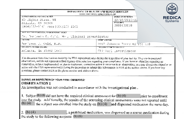 FDA 483 - Benjamin D. Gold, M.D. [Atlanta / United States of America] - Download PDF - Redica Systems
