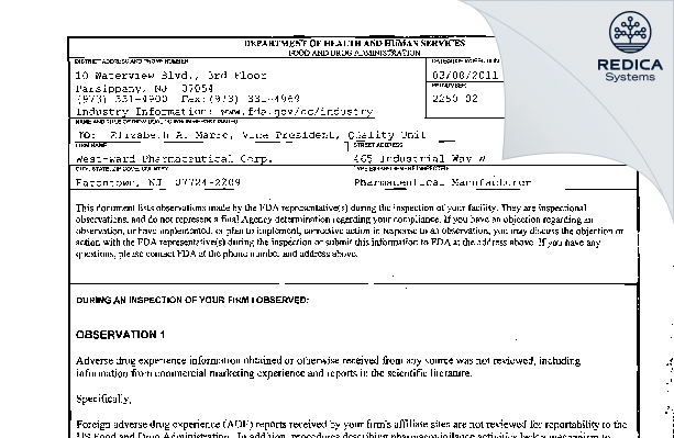 FDA 483 - Hikma Pharmaceuticals USA, Inc. [Eatontown / United States of America] - Download PDF - Redica Systems