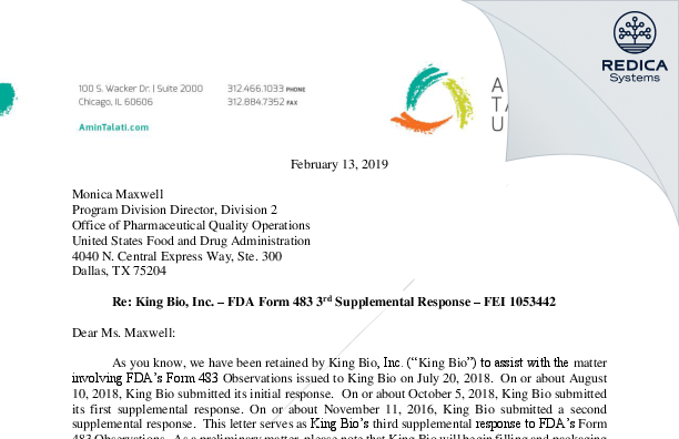 FDA 483 Response - King Bio Inc. [Asheville / United States of America] - Download PDF - Redica Systems