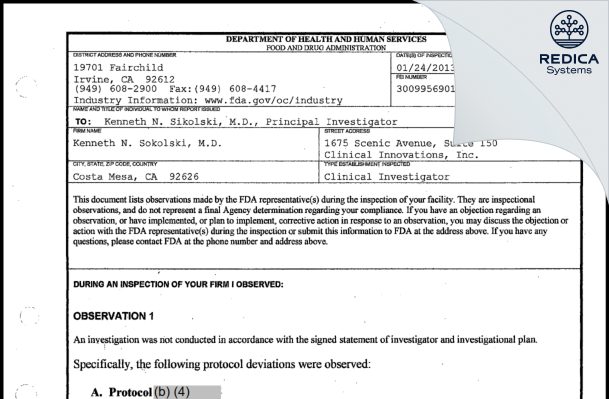 FDA 483 - Kenneth N. Sokolski, M.D. [Costa Mesa / United States of America] - Download PDF - Redica Systems