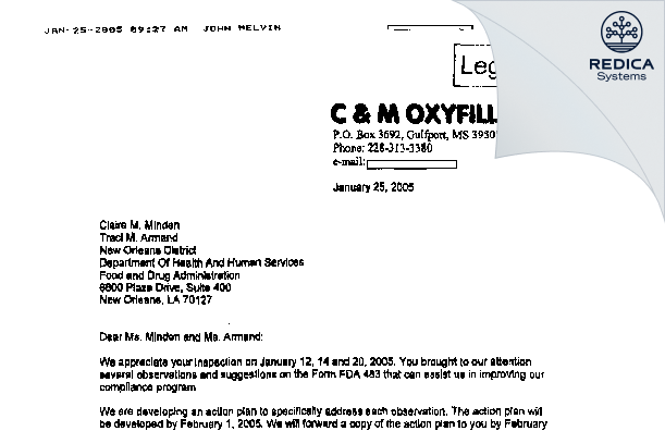 FDA 483 Response - C & M Oxyfill Llc [Wiggins / United States of America] - Download PDF - Redica Systems