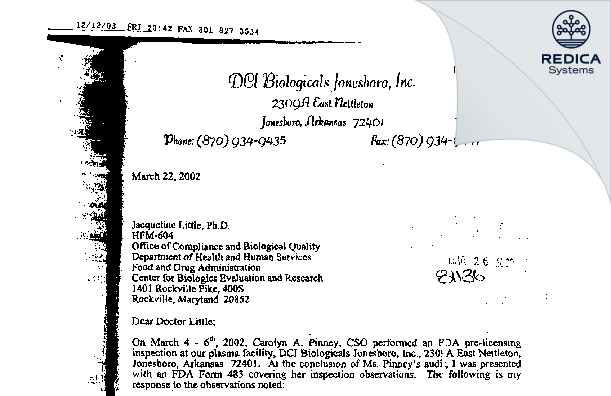 FDA 483 Response - BPL Plasma, Inc. [Jonesboro / United States of America] - Download PDF - Redica Systems