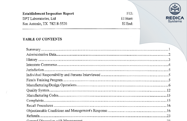EIR - DPT Laboratories, Ltd. [San Antonio Texas / United States of America] - Download PDF - Redica Systems