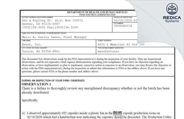 FDA 483 - Avent [Tucson / United States of America] - Download PDF - Redica Systems