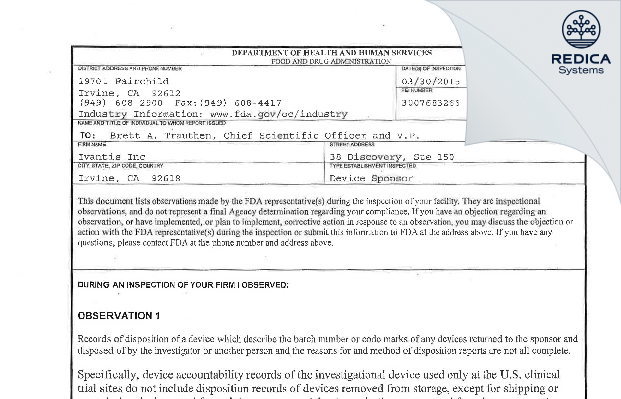 FDA 483 - Ivantis Inc [Irvine / United States of America] - Download PDF - Redica Systems