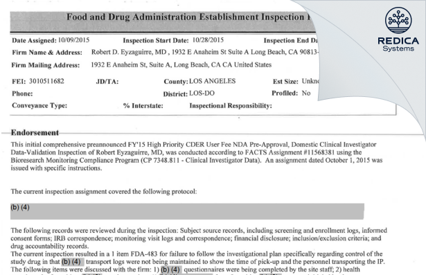 EIR - Robert D. Eyzaguirre, MD [Long Beach / United States of America] - Download PDF - Redica Systems