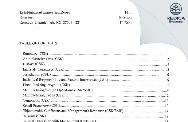 EIR - Eisai Inc [Research Triangle Park / United States of America] - Download PDF - Redica Systems