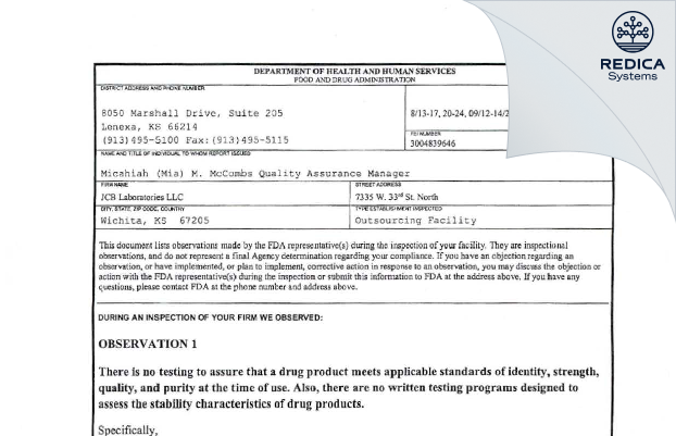 FDA 483 - JCB Laboratories LLC [Wichita / United States of America] - Download PDF - Redica Systems