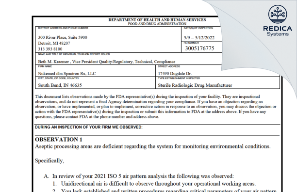 FDA 483 - Nukemed, Inc dba SpectronRx [South Bend / United States of America] - Download PDF - Redica Systems
