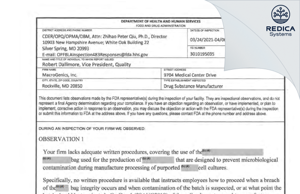 FDA 483 - MacroGenics, Inc [Rockville / United States of America] - Download PDF - Redica Systems