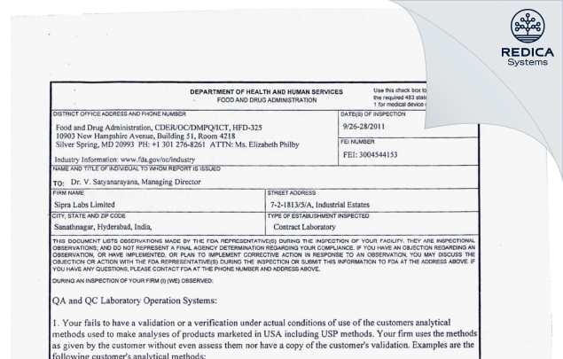 FDA 483 - SIPRA LABS LIMITED [Hyderabad / India] - Download PDF - Redica Systems