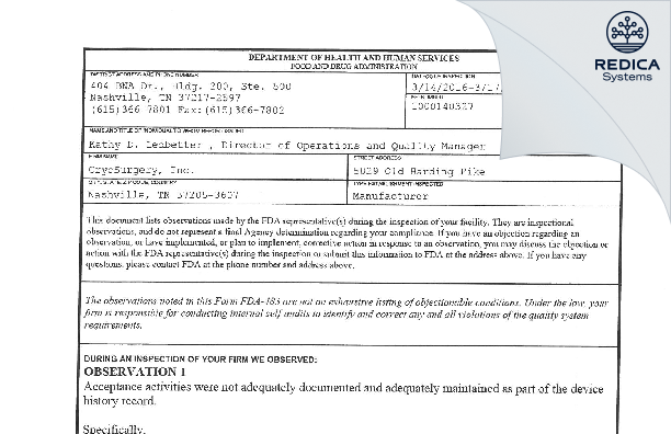 FDA 483 - CryoSurgery, Inc. [Nashville / United States of America] - Download PDF - Redica Systems