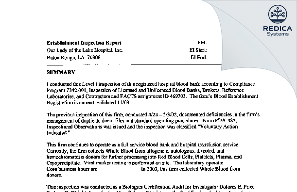 EIR - Our Lady of the Lake Hospital, Inc. [Baton Rouge / United States of America] - Download PDF - Redica Systems