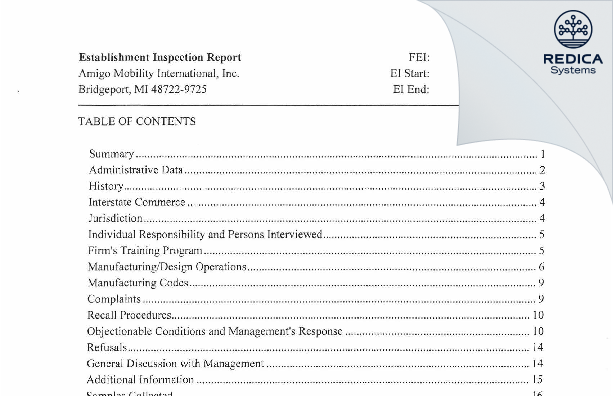 EIR - Amigo Mobility International, Inc [Bridgeport / United States of America] - Download PDF - Redica Systems