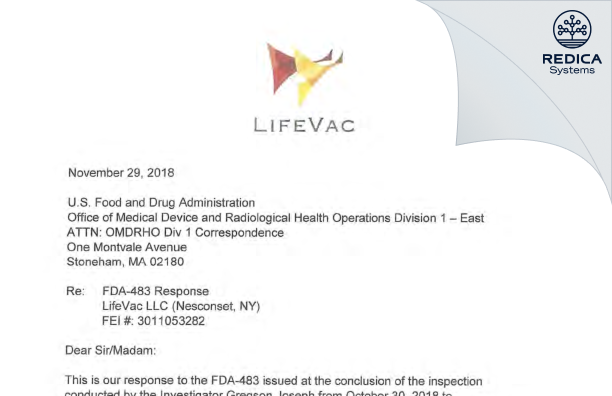 FDA 483 Response - LifeVac, LLC [Nesconset / United States of America] - Download PDF - Redica Systems
