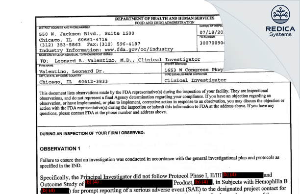 FDA 483 - Valentino, Leonard A. Dr. [Chicago / United States of America] - Download PDF - Redica Systems