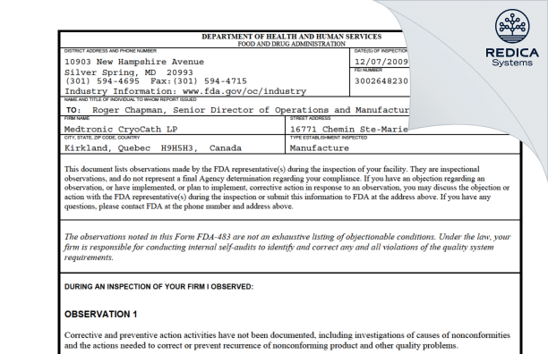 FDA 483 - Medtronic CryoCath LP [Pointe-Claire / Canada] - Download PDF - Redica Systems