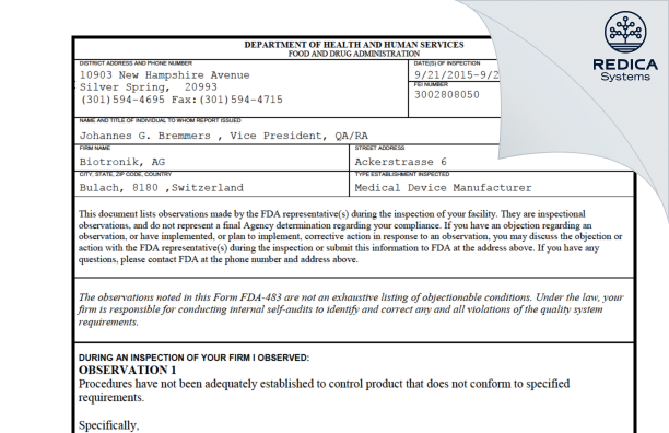 FDA 483 - Biotronik, AG [Bulach / Switzerland] - Download PDF - Redica Systems