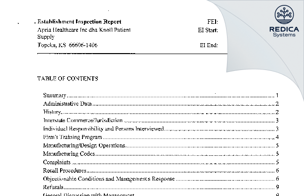 EIR - Apria Healthcare Inc dba Knoll Patient Supply [Topeka / United States of America] - Download PDF - Redica Systems