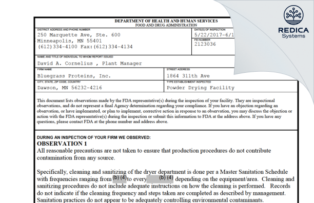 FDA 483 - Puris Proteins, LLC. [Dawson / United States of America] - Download PDF - Redica Systems