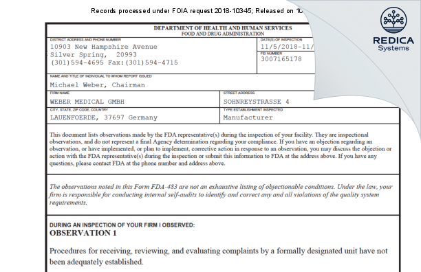 FDA 483 - WEBER MEDICAL GMBH [Lauenforde / Germany] - Download PDF - Redica Systems