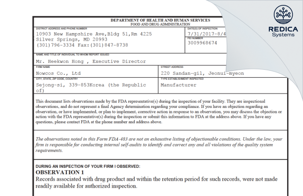 FDA 483 - Nowcos.Co.,Ltd [- / Korea (Republic of)] - Download PDF - Redica Systems