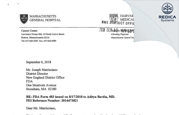 FDA 483 Response - Aditya Bardia, M.D. [Boston / United States of America] - Download PDF - Redica Systems