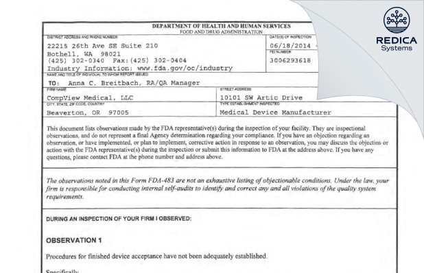FDA 483 - CompView Medical, LLC [Beaverton / United States of America] - Download PDF - Redica Systems