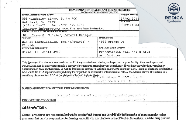 FDA 483 - Actavis Laboratories FL, Inc. [Florida / United States of America] - Download PDF - Redica Systems