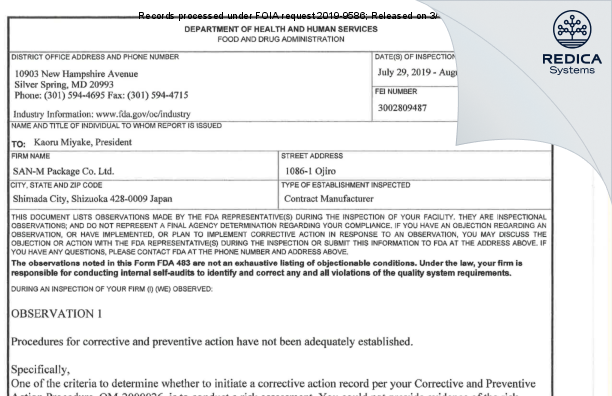 FDA 483 - San-M Package Co., Ltd. [Shimada / Japan] - Download PDF - Redica Systems