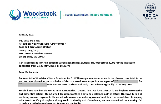 FDA 483 Response - Woodstock Sterile Solutions, Inc [Woodstock / United States of America] - Download PDF - Redica Systems