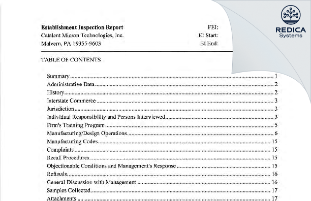 EIR - Catalent Micron Technologies, Inc. [Malvern Pennsylvania / United States of America] - Download PDF - Redica Systems