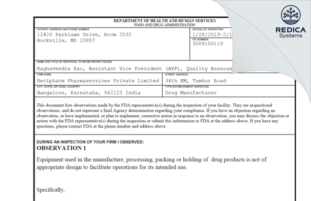 FDA 483 - RECIPHARM PHARMASERVICES PRIVATE LIMITED [India / India] - Download PDF - Redica Systems
