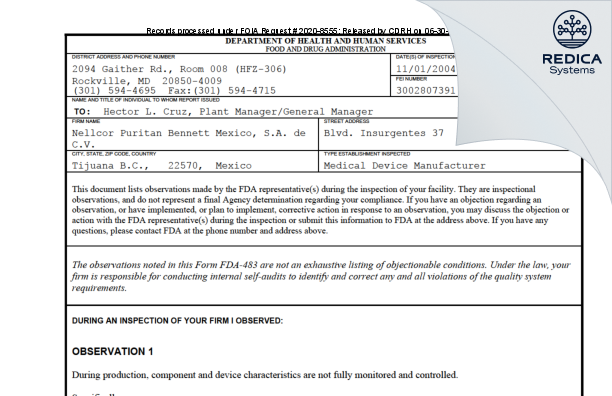 FDA 483 - Nellcor Puritan Bennett Mexico, S.A. de C.V. [Tijuana / Mexico] - Download PDF - Redica Systems