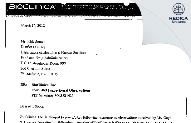 FDA 483 Response - Bioclinica, Inc. [Newtown / United States of America] - Download PDF - Redica Systems